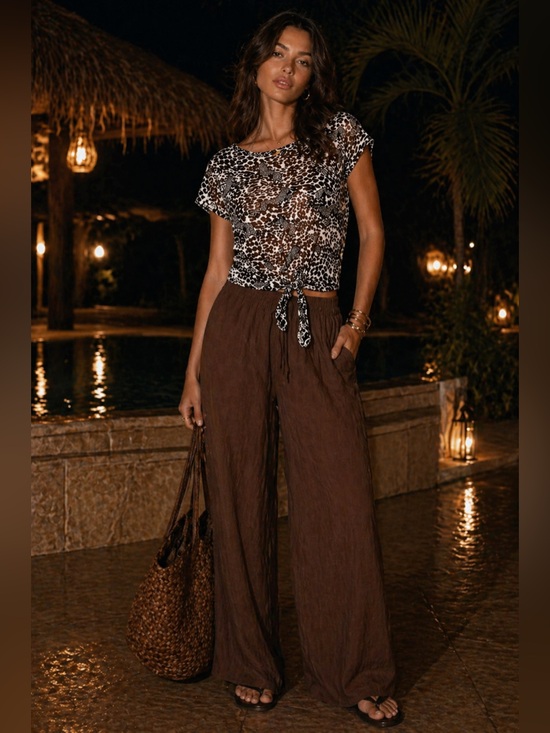 French Laundry Tops - French Laundry Sheer Cream & Brown Cheetah Tie-Front Tee Y2K